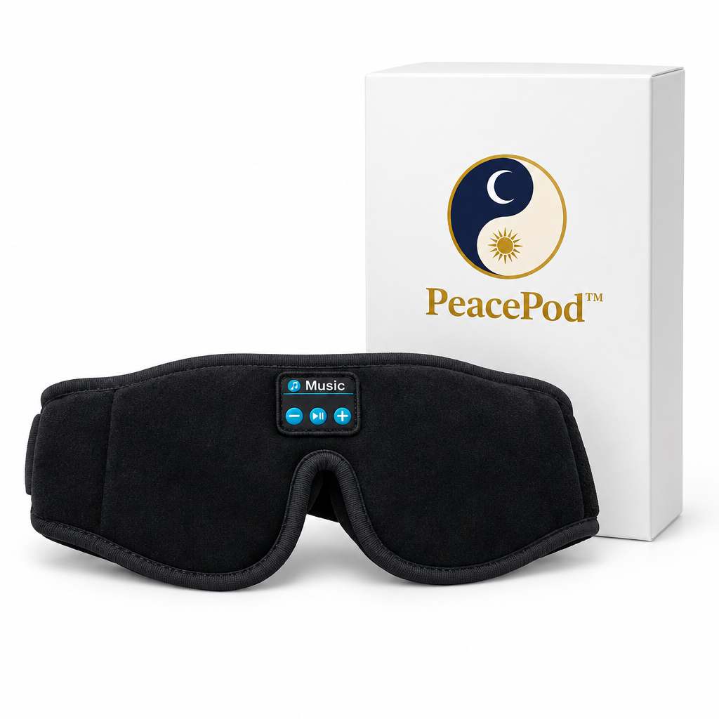 PeacePod mask beside its logo-branded white box